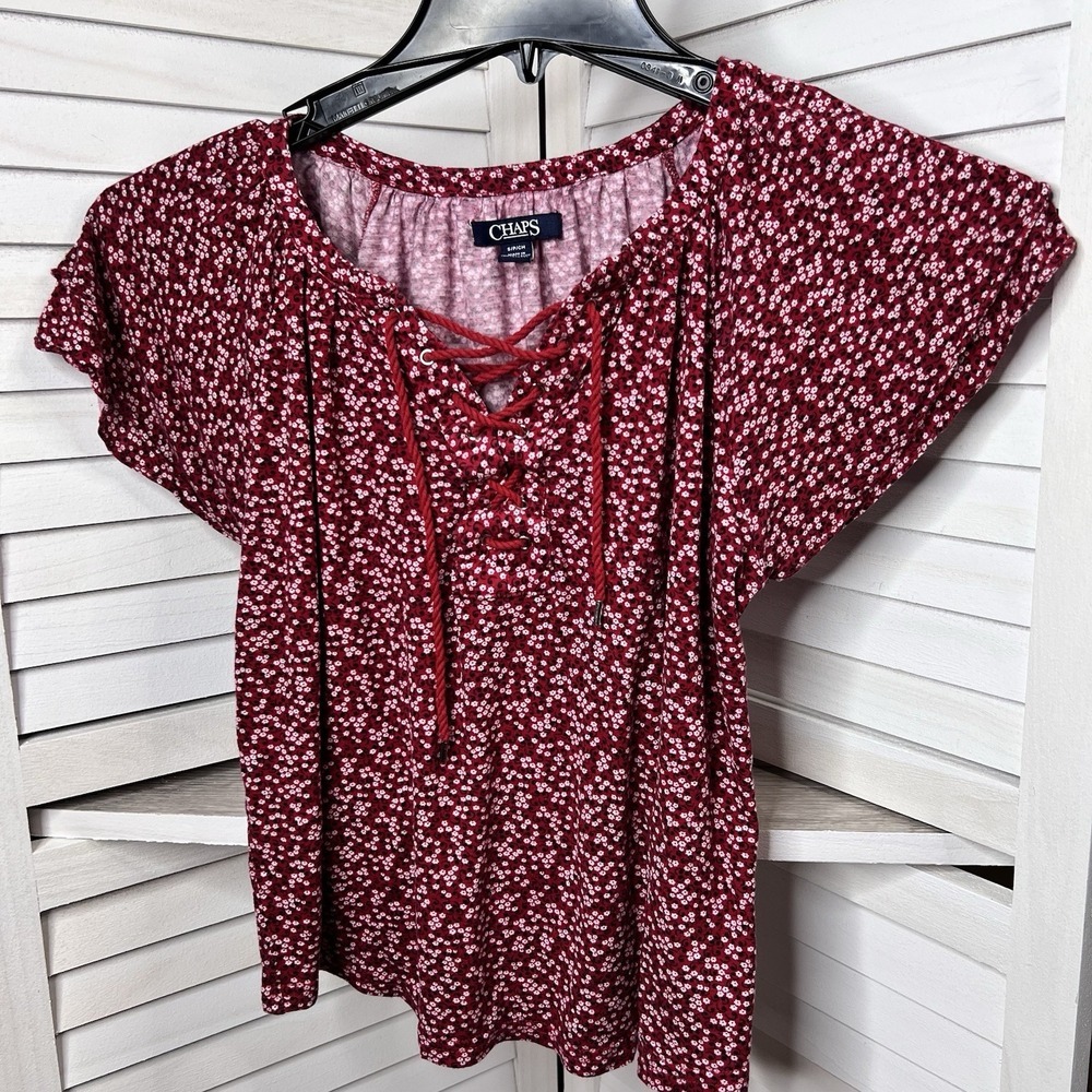 Chaps Women's Red Lace‎ Up Front Flutter Sleeve Pullover Blouse Size Small Short